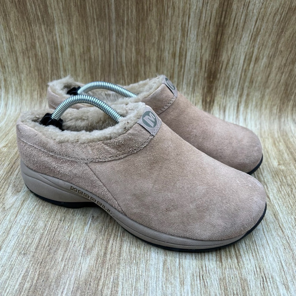 Merrell Encore Ice Women's 8.5 Taupe Suede Faux Fur‎ Lined Clogs Mules Shoes